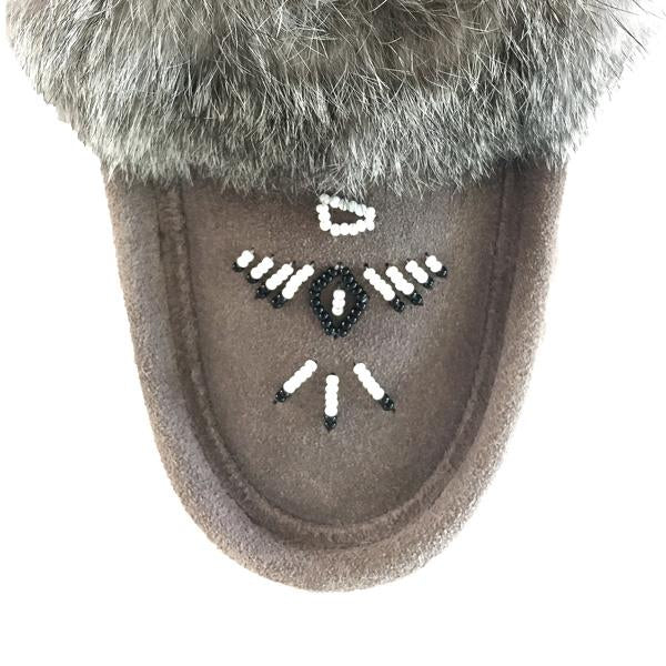 Ladies grey moccasin with beaded design and grey rabbit fir trim