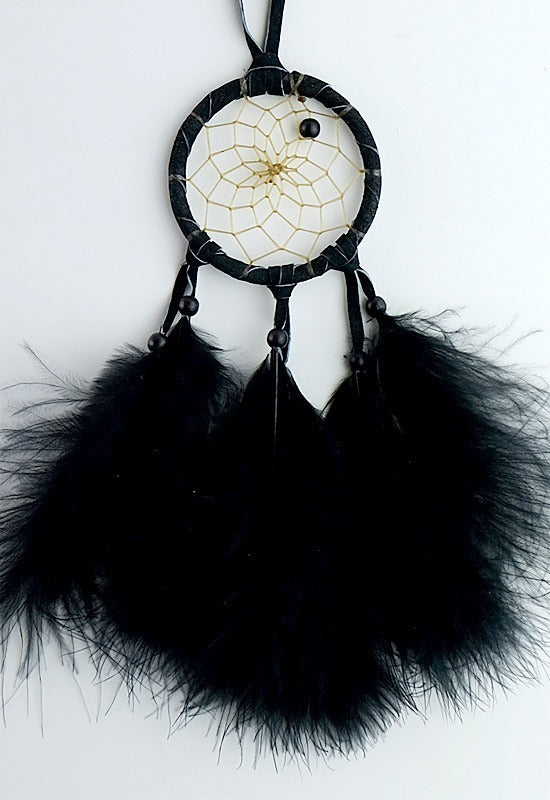 2" Black Dream Catcher. DREAM CATCHER LEGEND: It is said that both good dreams and bad dreams circulate in the night air. The web allows the good dreams to pass through the web to the sleeper and the bad dreams become entangled in the web, where they perish at the first light of dawn.
