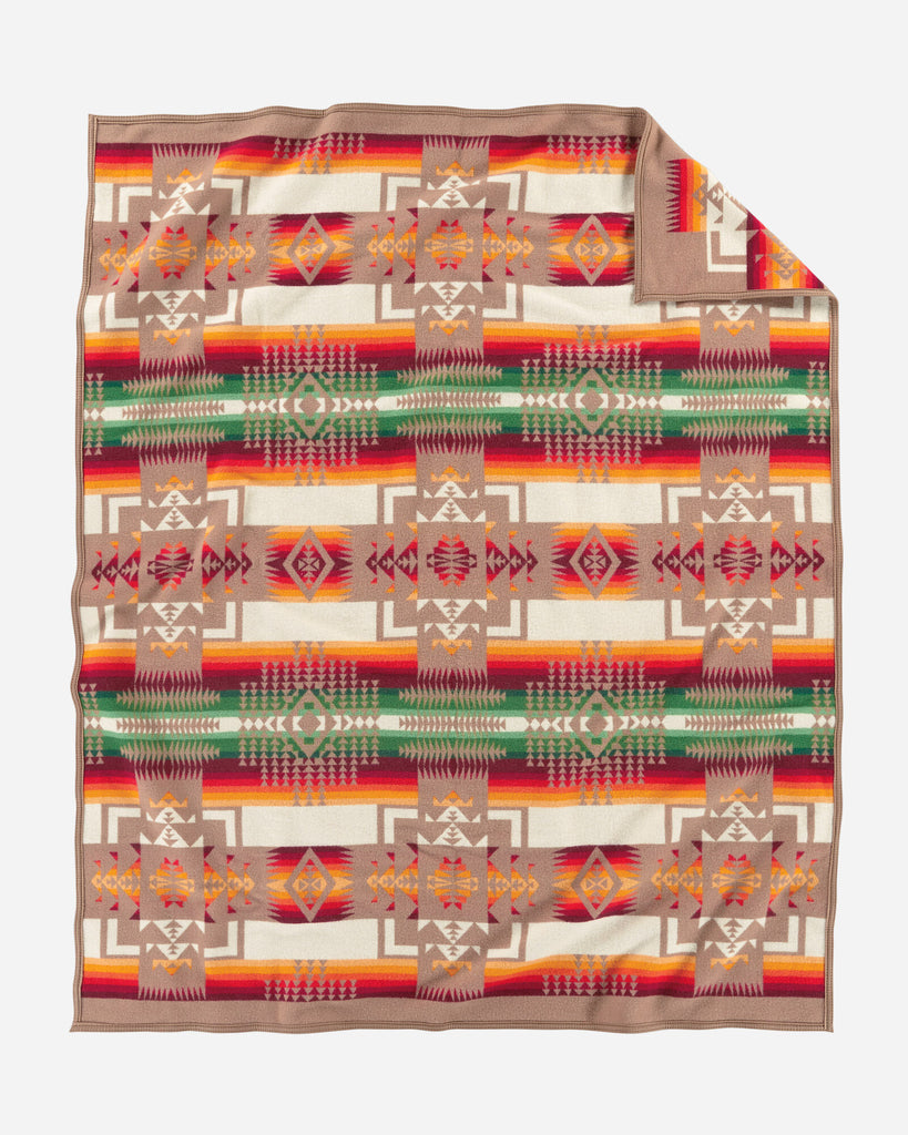 twin size reversible Pendleton wool blanket in khaki with a bold arrowhead design