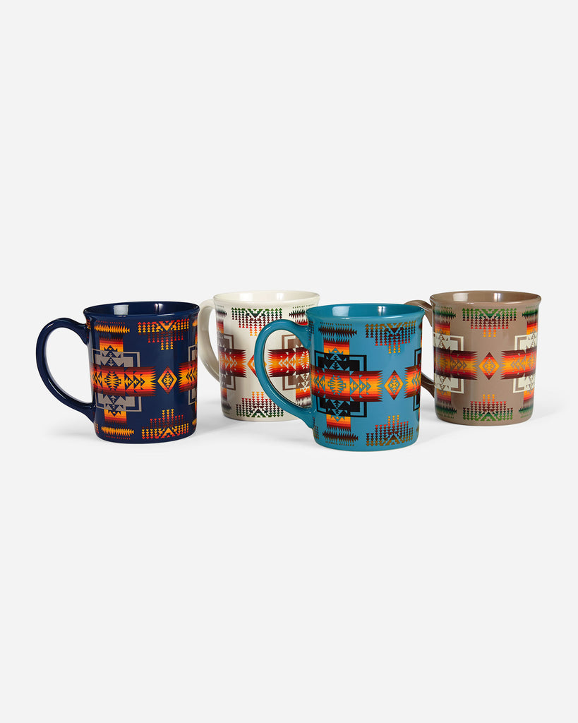 Pack of 4 14oz sturdy ceramic Pendleton mugs featuring their oldest and most popular designs.