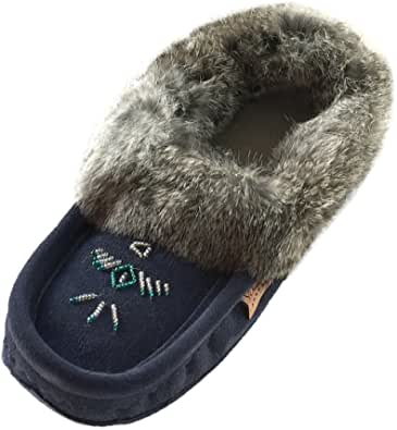 Ladies navy moccasin with beaded design and grey rabbit fir trim with rubber sole