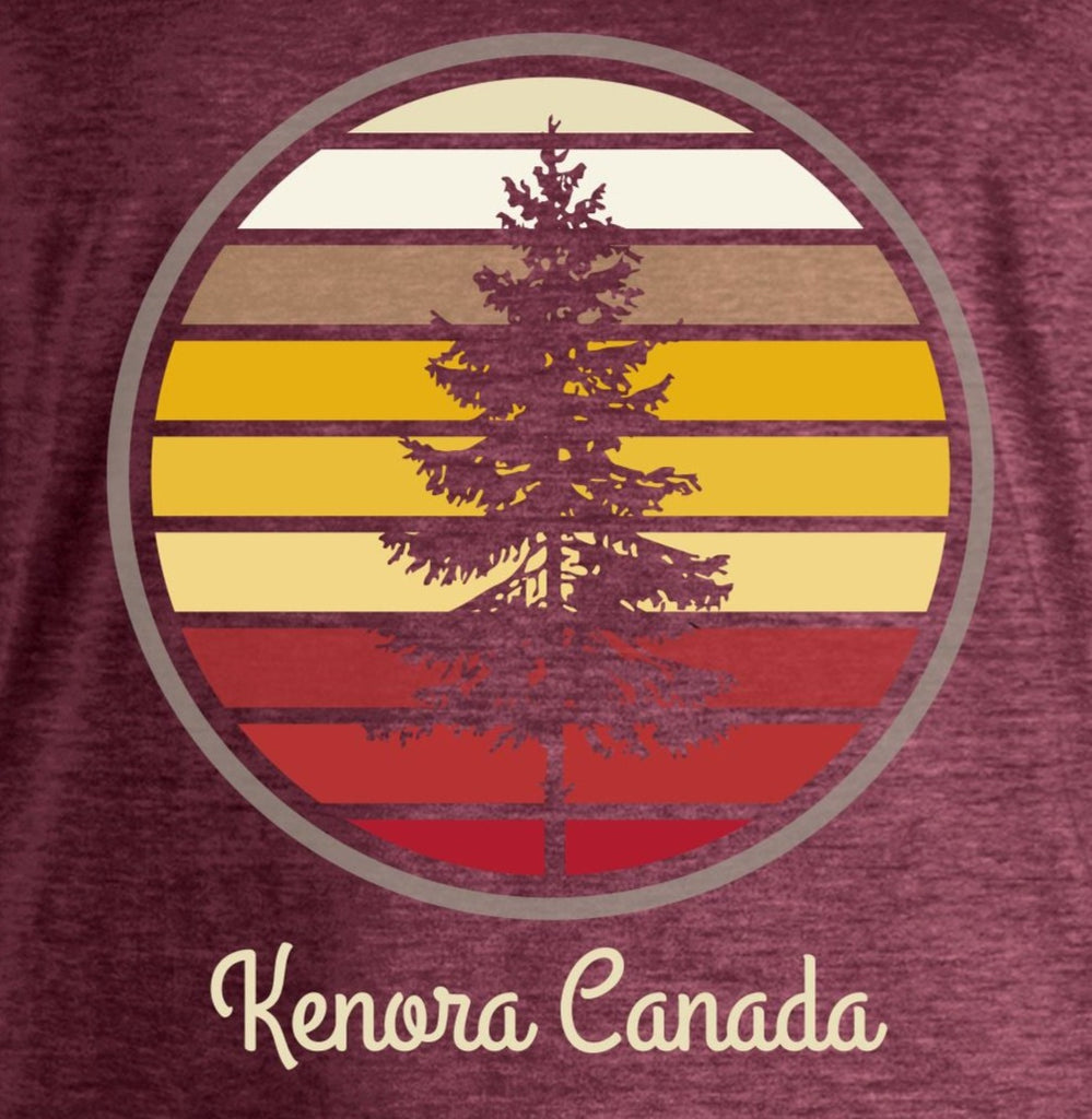 This maroon v-neck is the perfect tee for a day on the lake or a stroll through town. The design captures the essence of Kenora's sunsets and the beauty of Lake of the Woods. 
