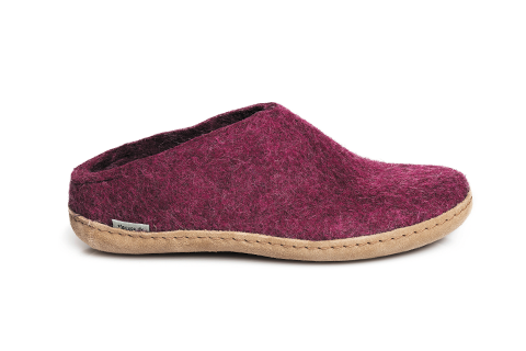 Cranberry coloured wool glerup slip on slipper with leather bottom