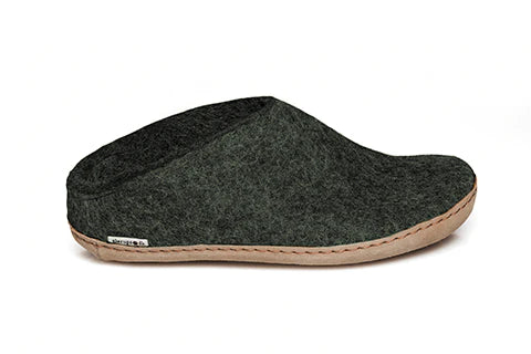 Forest green coloured wool glerup slip on slipper with leather bottom
