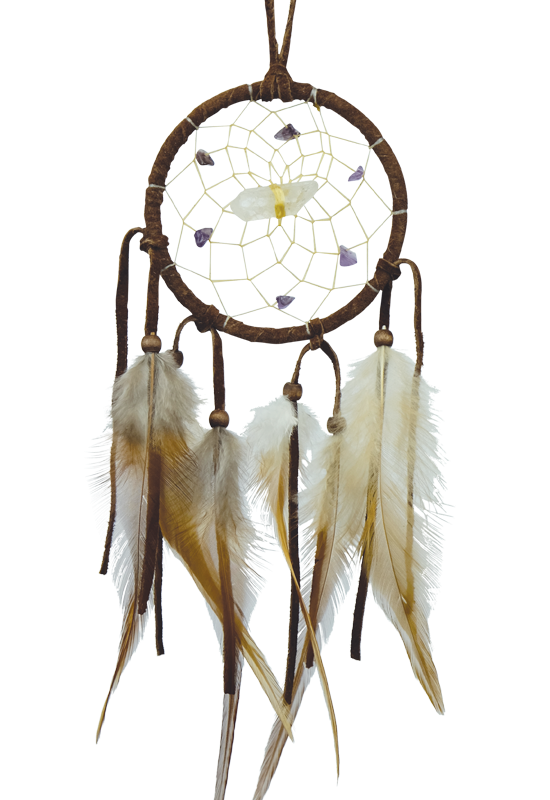 2" Tan Vision Seeker Dream Catchers are detailed with a quartz crystal in the middle of the web and adorned with semi-precious stones. The quartz crystal assists in removing negative thoughts while the semi-precious stones enhance spiritual communications and guidance.