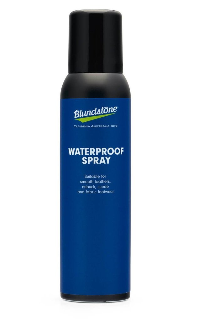 Blundstone waterproof spray for leather, suede and nubuck footwear used to repel water stains.