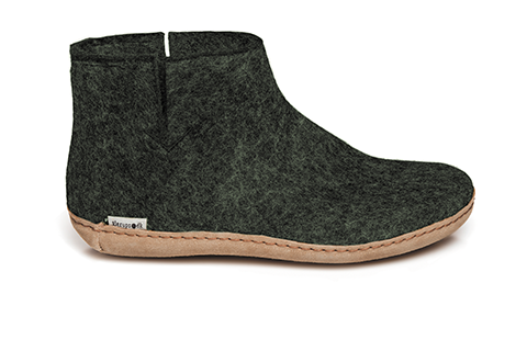 Forest green coloured wool glerup boot with leather bottom