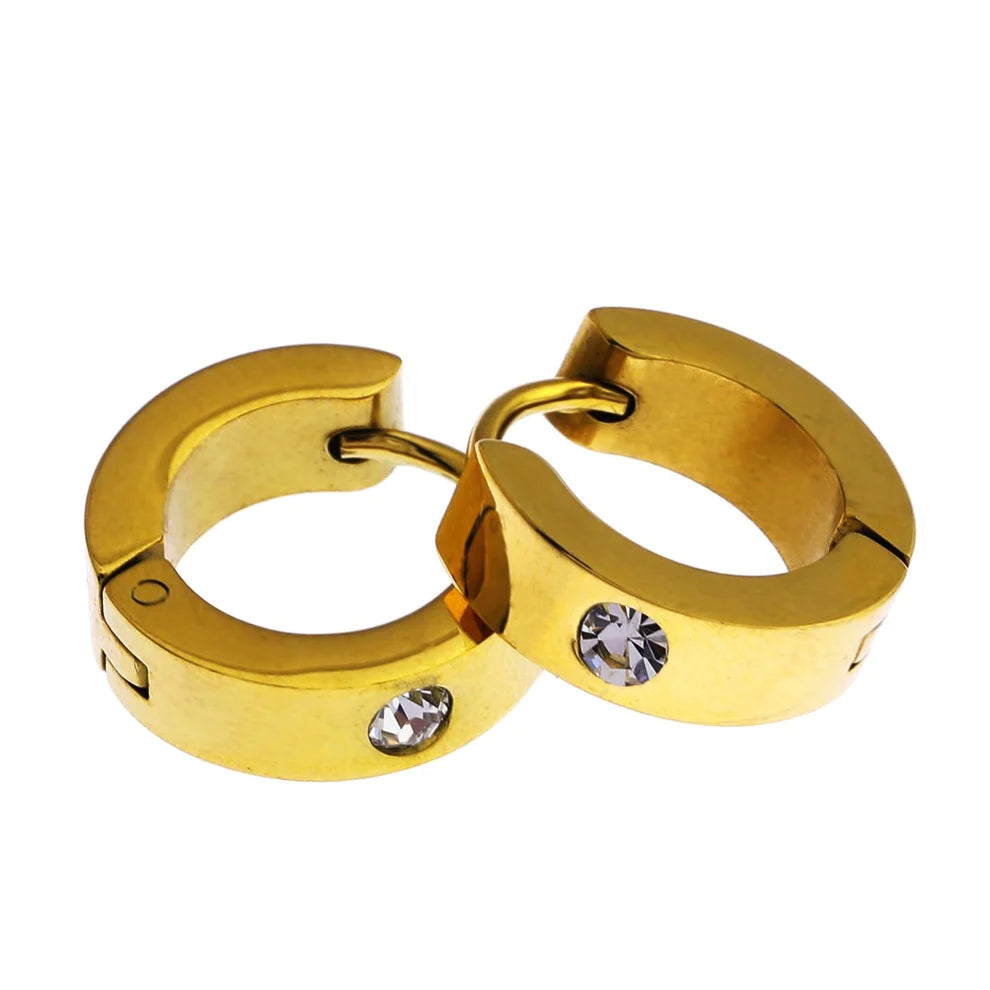 Hackney jewelry featuring a pair of gold mini hoop earrings with a solitaire zirconia gemstone.