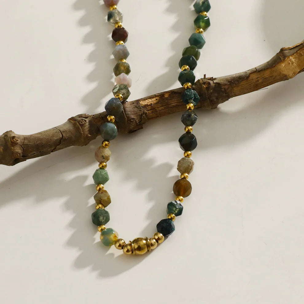 Hackney jewelry featuring agate stones and gold beaded chain necklace.