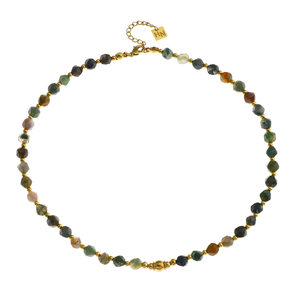 Hackney jewelry featuring agate stones and gold beaded chain necklace.