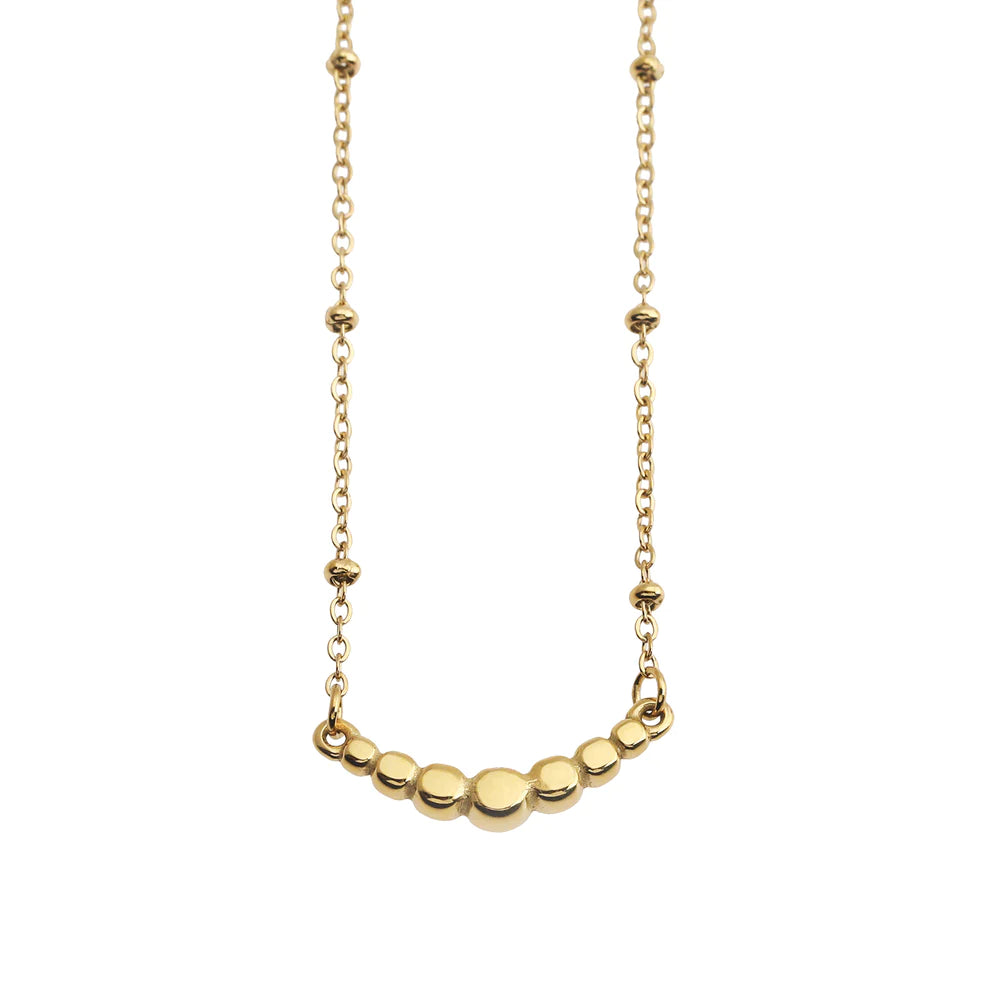 Hackney jewelry featuring a gold necklace with delicate beaded chain and gemstone charm