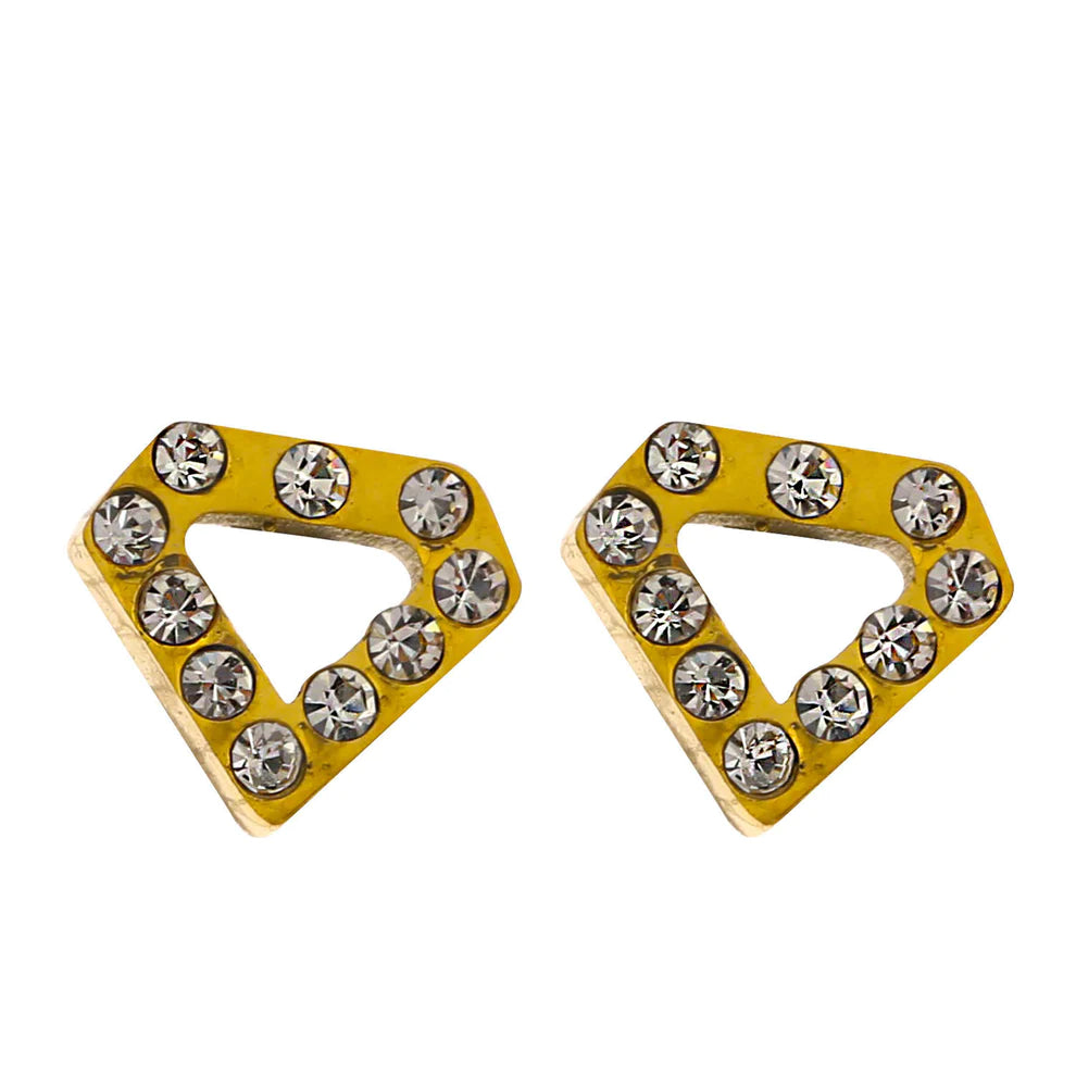 Hackney jewelry featuring a pair of gold diamond shaped stud earrings.