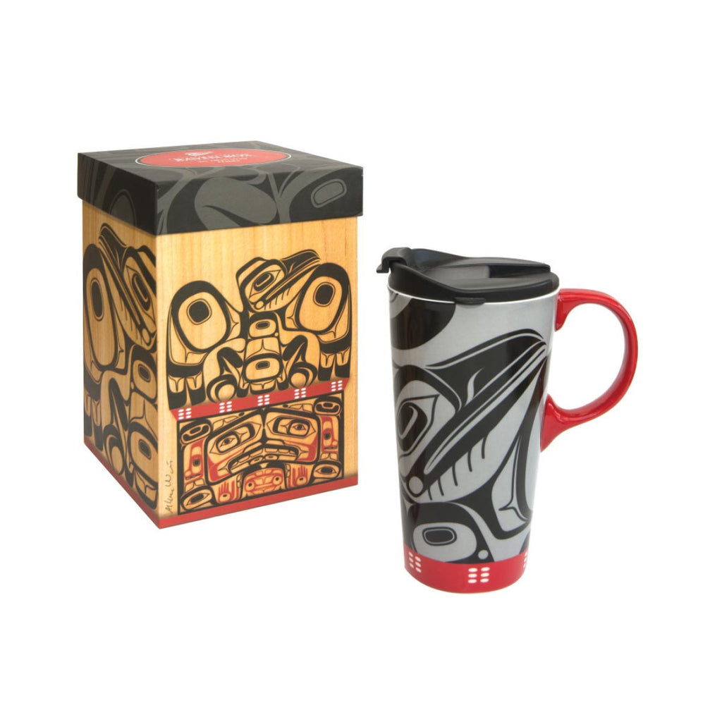 A tall, ceramic mug with lid and handle that is perfect for travel, home or gifting. Featuring Indigenous artwork with a matching gift box. 