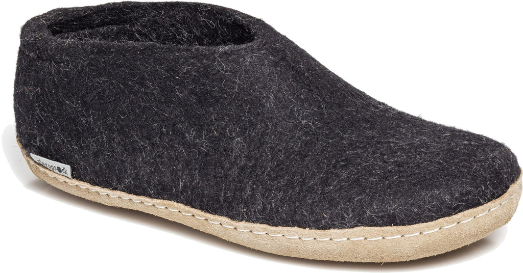 Charcoal coloured wool glerup shoe slipper with leather bottom