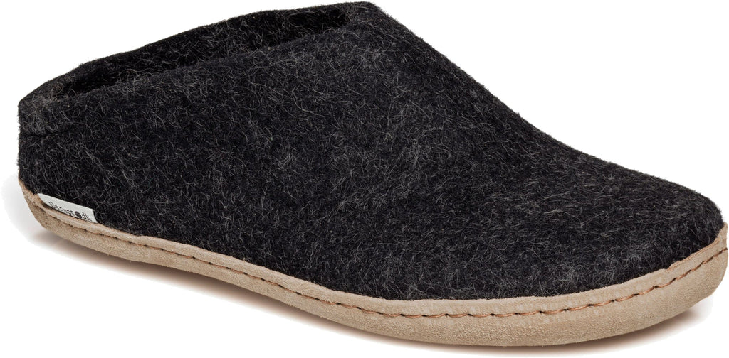 Charcoal coloured wool glerup slip on slipper with leather bottom