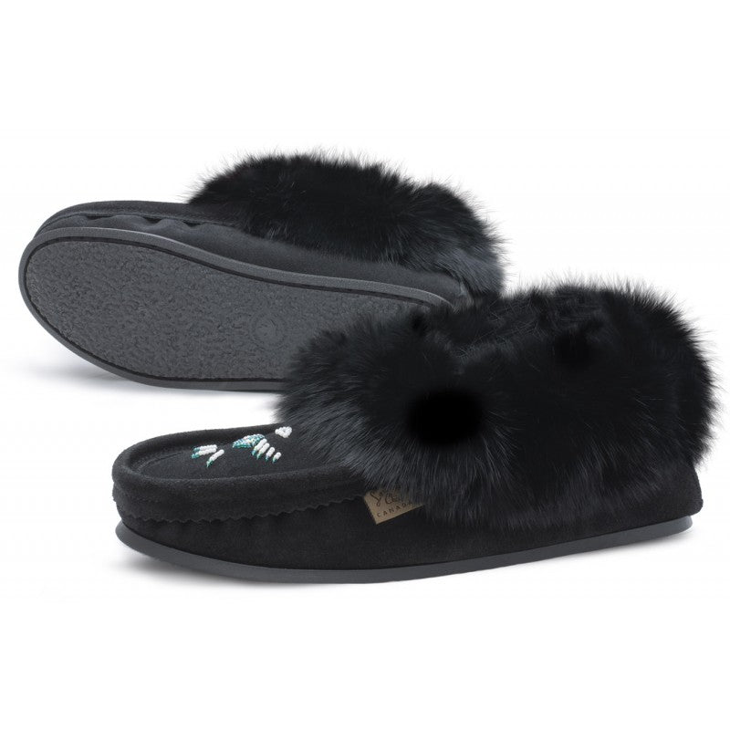 Ladies black moccasin with beaded design and black rabbit fir trim with rubber sole