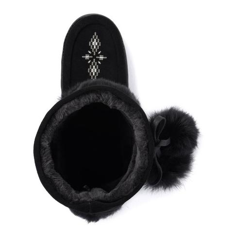 Ladies black short snowy owl Manitobah Mukluk with beaded design and pom pom on the outside