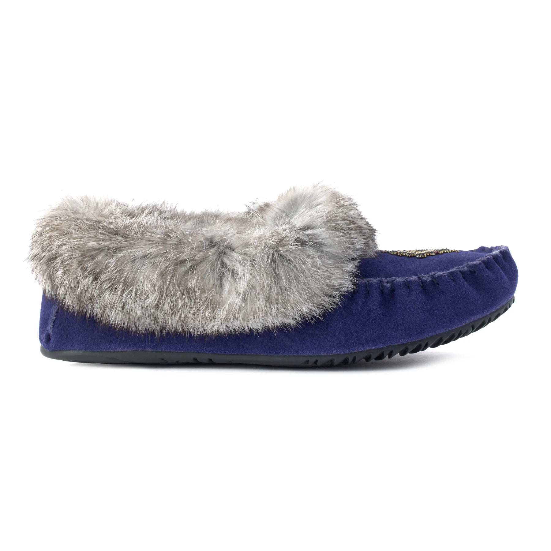 Ladies Manitobah Mukluk blue street moccasin with rubber bottom and beaded design.