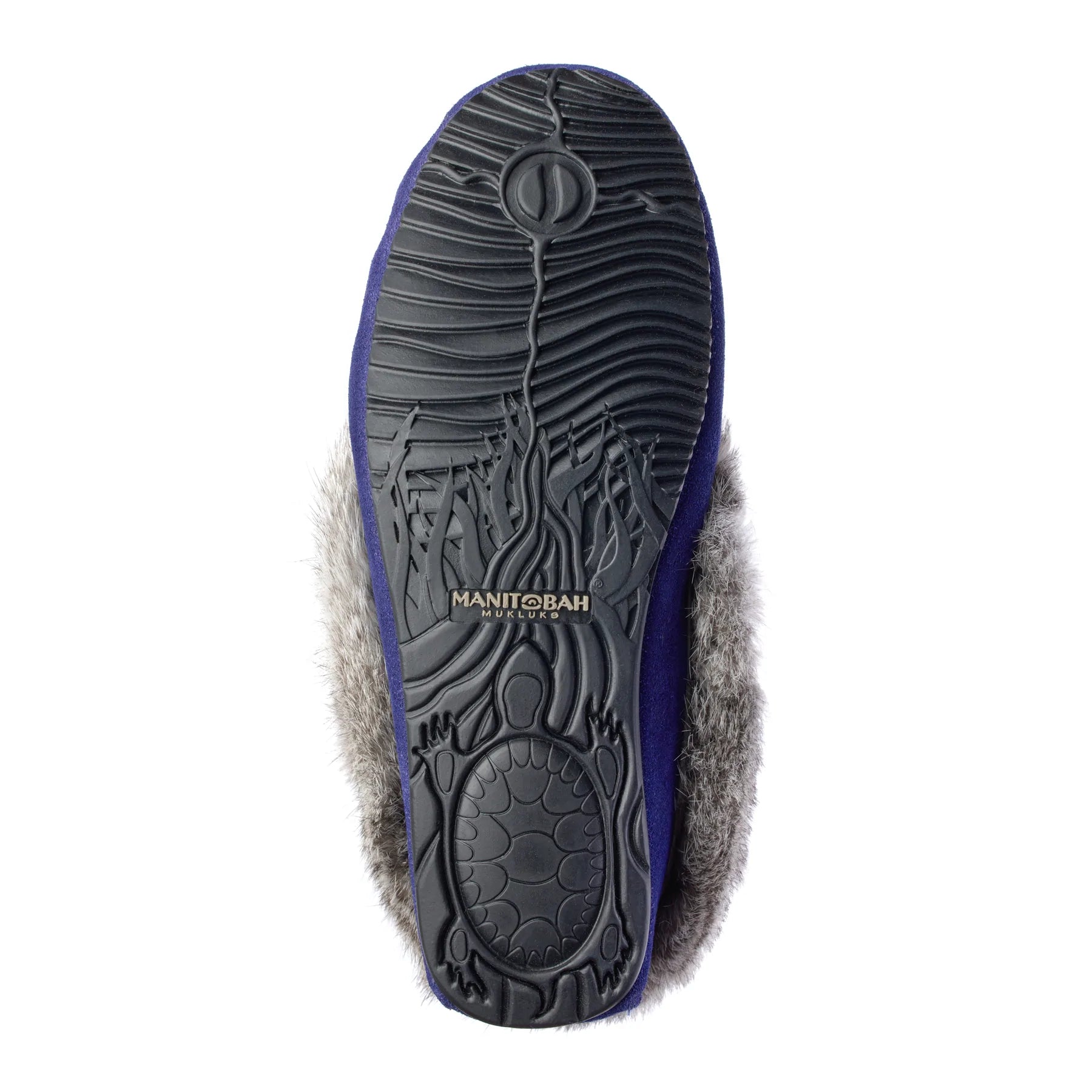 Ladies Manitobah Mukluk blue street moccasin with rubber bottom and beaded design.