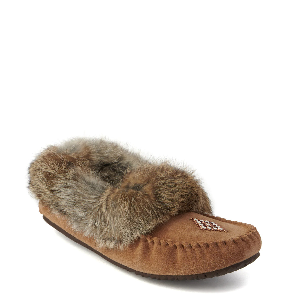 Ladies Manitobah Mukluk oak street moccasin with rubber bottom and beaded design. 