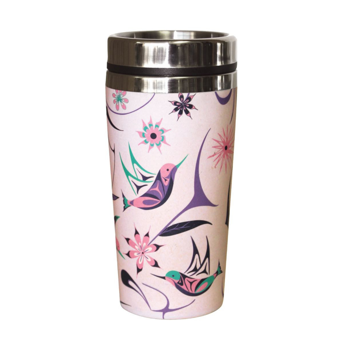 Featuring a stainless steel interior to keep your beverage hot and a bamboo fiber exterior with an Indigenous design, you can be stylish as well as eco-friendly.