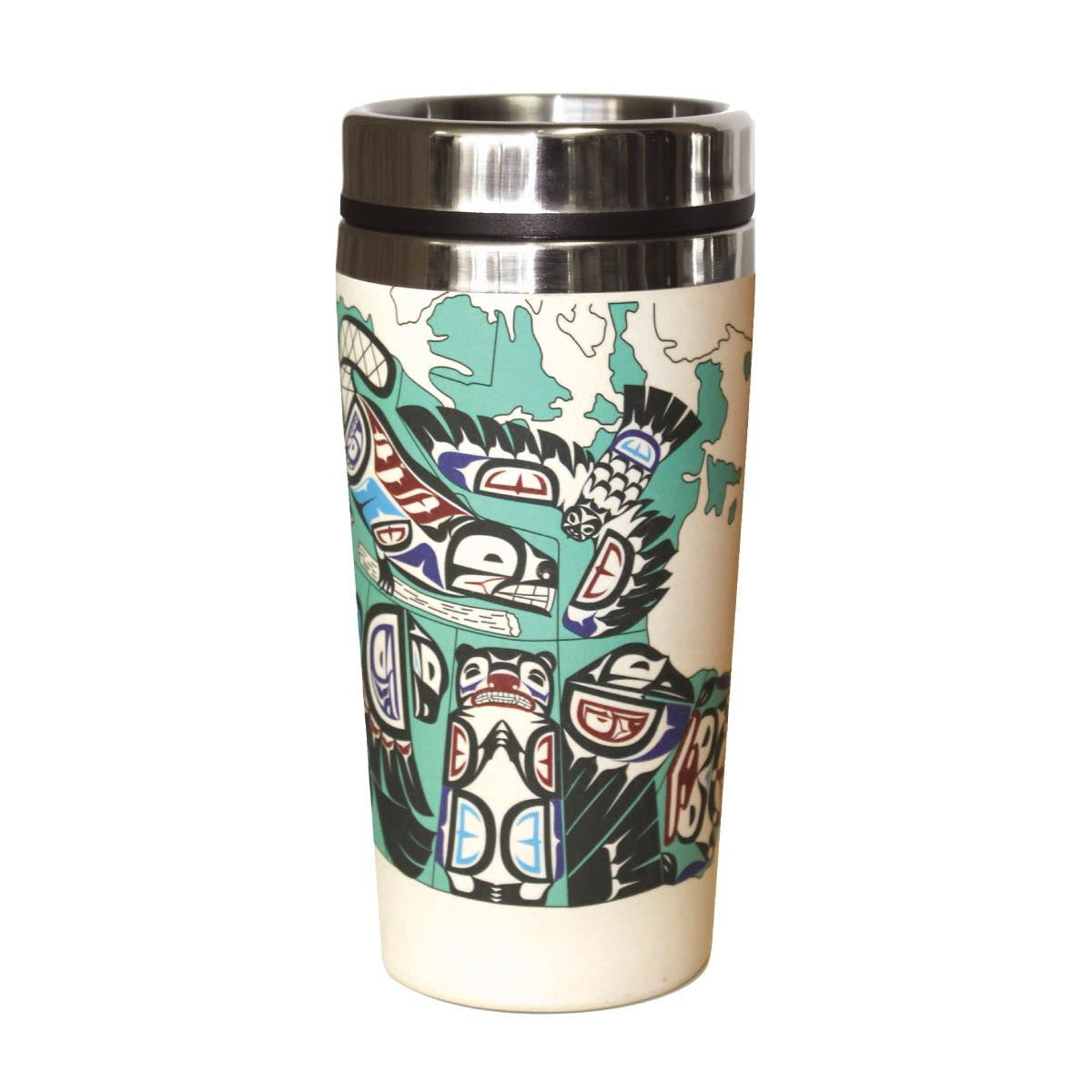 Featuring a stainless steel interior to keep your beverage hot and a bamboo fiber exterior with an Indigenous design, you can be stylish as well as eco-friendly.