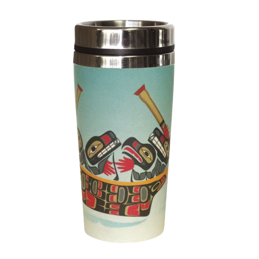 A bamboo travel mug featuring an Indigenous motif of several animals inside a canoe.