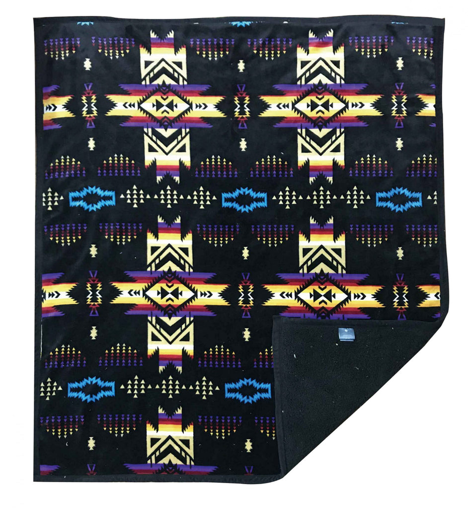 Blue fleece throw blanket with traditional native designs.