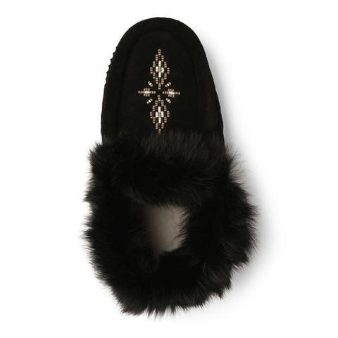 Manitobah mukluk mens black moccasin with beaded design and black fir trim