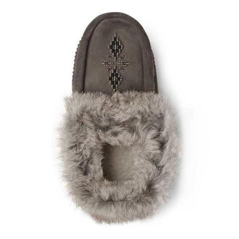 Manitobah mukluk ladies grey moccasin with beaded design and grey fir trim