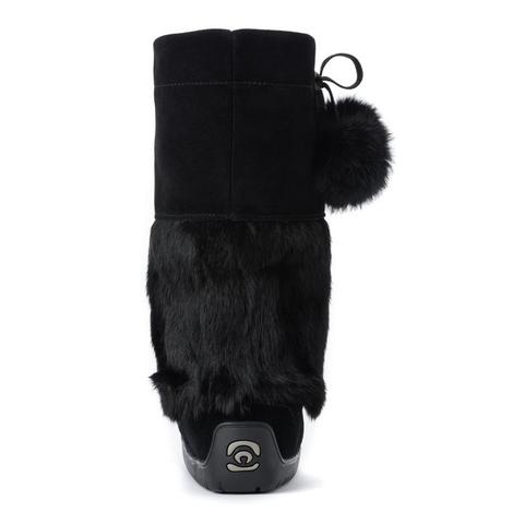 Ladies black suede snowy owl Manitobah Mukluk with beaded design and pom pom on the outside