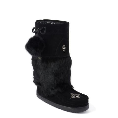 Ladies black suede snowy owl Manitobah Mukluk with beaded design and pom pom on the outside