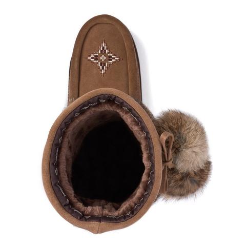 Ladies oak suede snowy owl Manitobah Mukluk with beaded design and pom pom on the outside