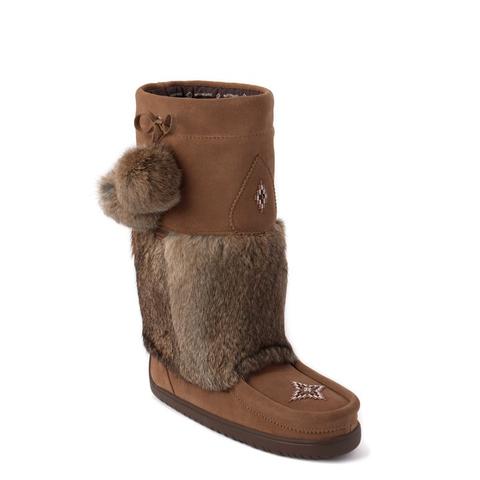Ladies oak suede snowy owl Manitobah Mukluk with beaded design and pom pom on the outside