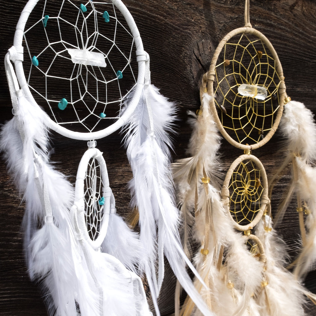 Generations Dream Catcher are detailed with semi-precious stones and a quartz crystal in the middle of the web. The top ring is 4", the middle is 2.5" and the smallest is 1.5". Ideal for a child's room wall decor.
