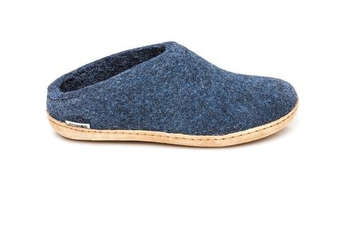 Denim coloured wool glerup slip on slipper with leather bottom