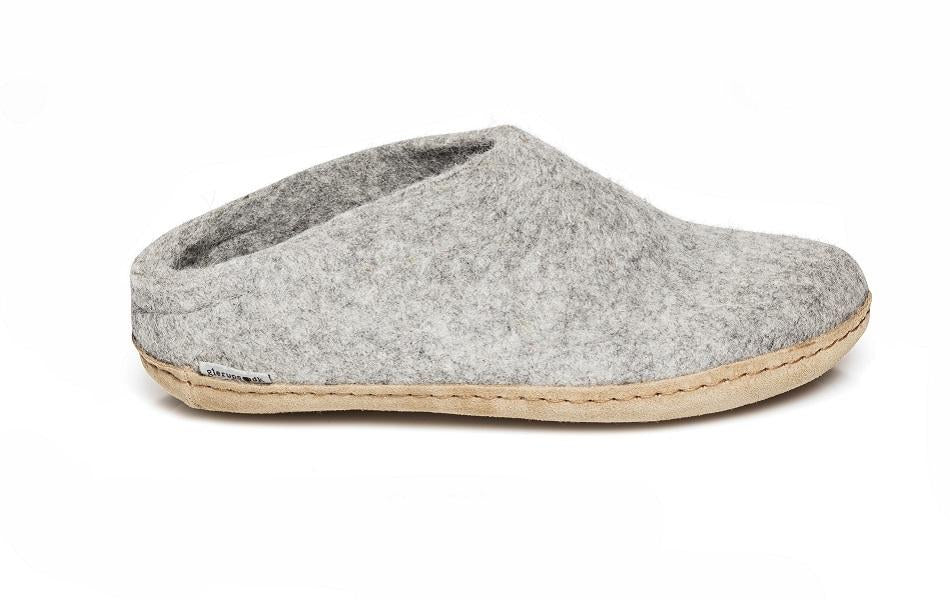 Grey coloured wool glerup slip on slipper with leather bottom