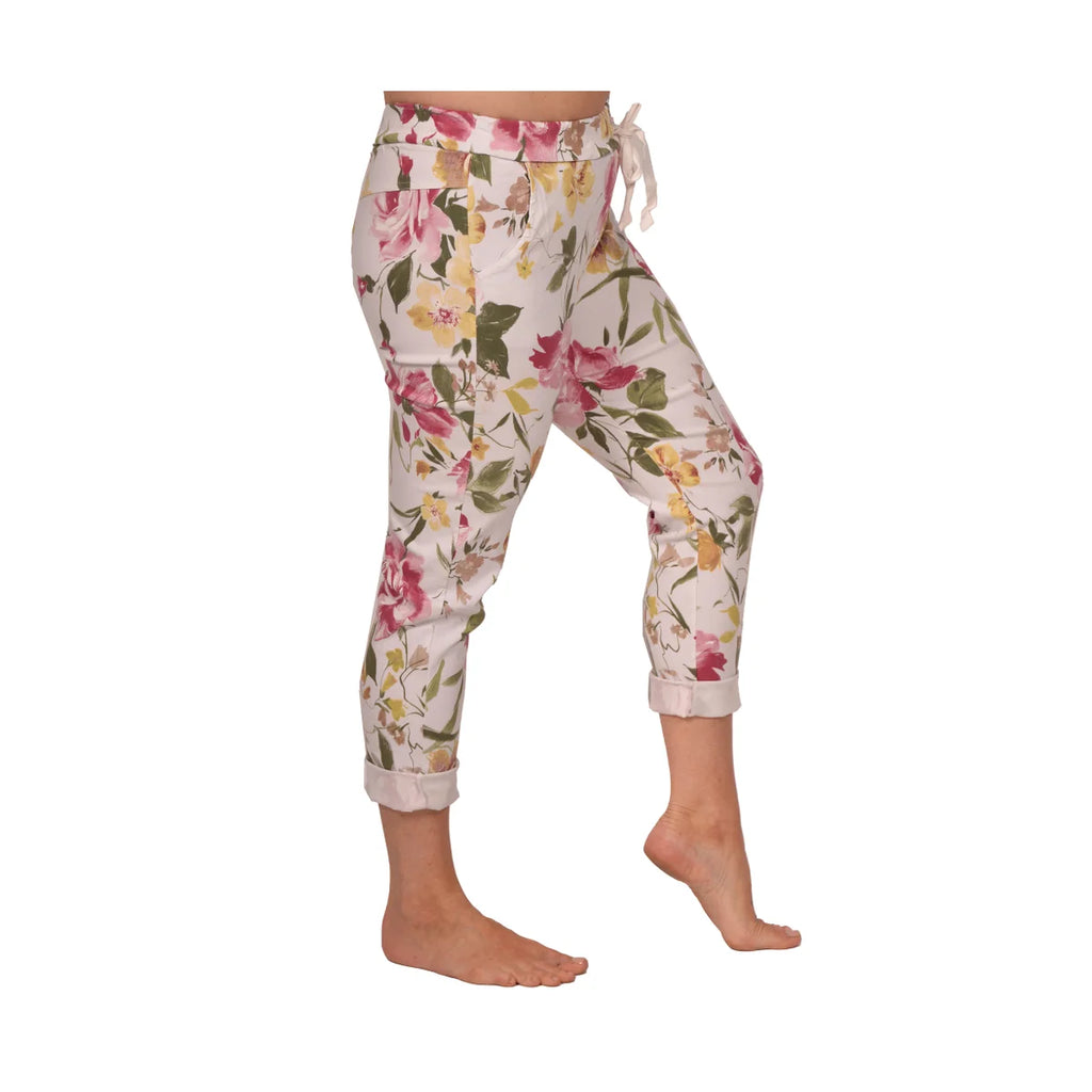 Catherine Lily Whites ladies clothing for spring and summer featuring a floral patterned pant with elastic waist