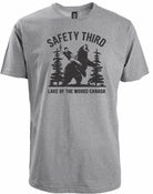 Grey T-Shirt of Man Riding a Bear with caption, "Safety Third."