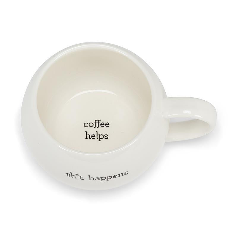 cute 16 oz ball mug made of stoneware with a cheeky message; Shit happens, coffee helps