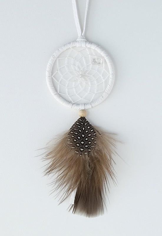 2" Clear quartz birthstone dreamcatcher white with brown feather