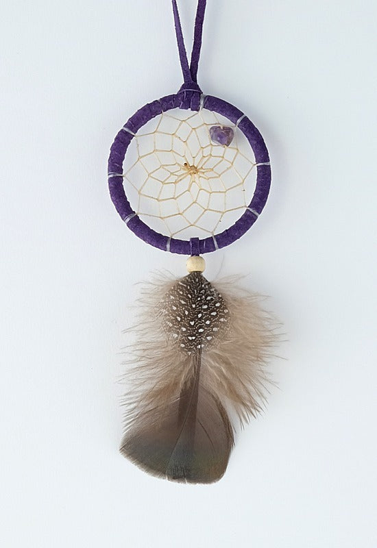 2" Amethyst Birthstone dreamcatcher purple with brown feather