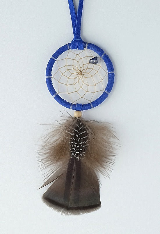 2" Lapis Birthstone dreamcatcher blue with brown feather