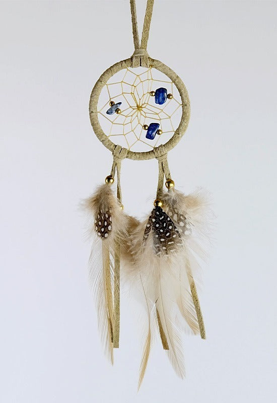 2" tan colored dream catcher with feathers and 3 blue stones