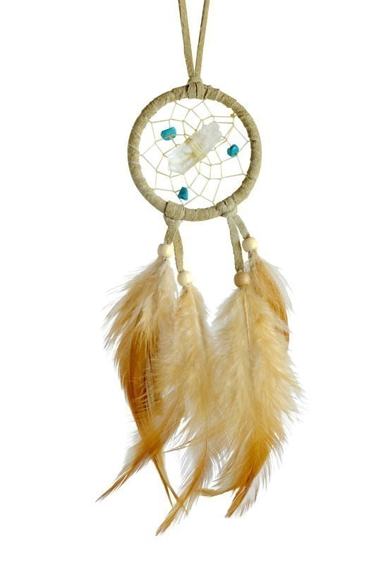 Vision Seeker Dream Catchers are detailed with a quartz crystal in the middle of the web and adorned with semi-precious stones. The quartz crystal assists in removing negative thoughts while the semi-precious stones enhance spiritual communications and guidance.