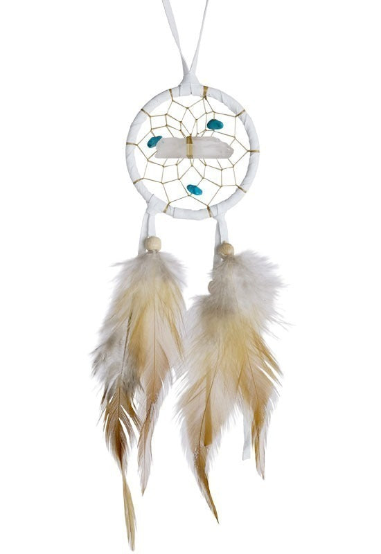 Vision Seeker Dream Catchers are detailed with a quartz crystal in the middle of the web and adorned with semi-precious stones. The quartz crystal assists in removing negative thoughts while the semi-precious stones enhance spiritual communications and guidance.