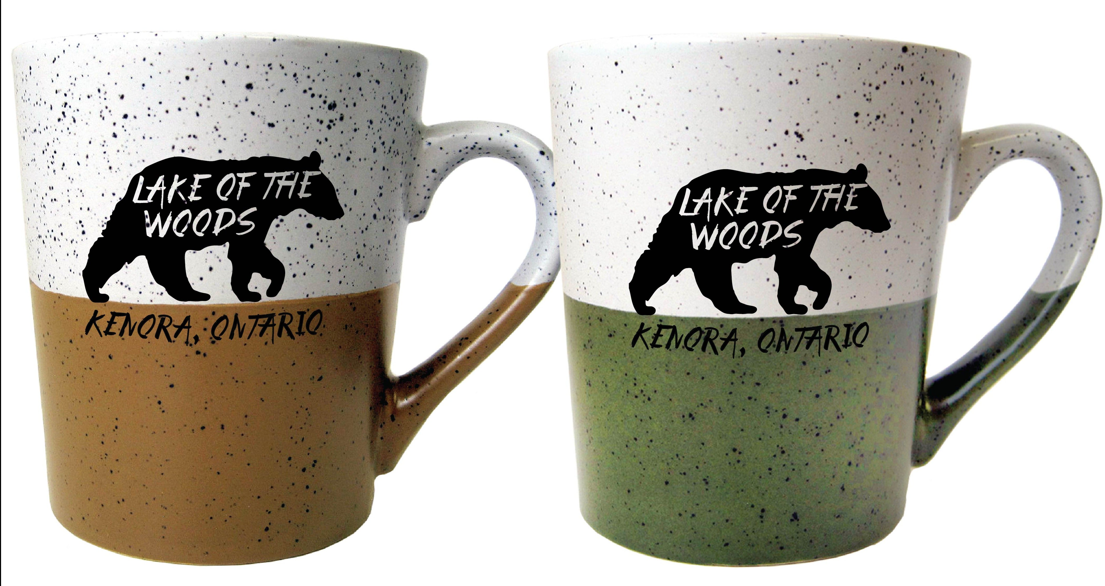 16 oz Ceramic Two Tone Lake of the Woods Bear Mug ,  Brown and Cream  and Green and Cream