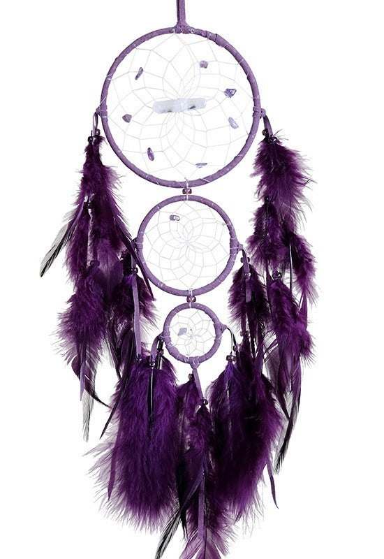 Generations Dream Catcher are detailed with semi-precious stones and a quartz crystal in the middle of the web. The top ring is 4", the middle is 2.5" and the smallest is 1.5". Ideal for a child's room wall decor.