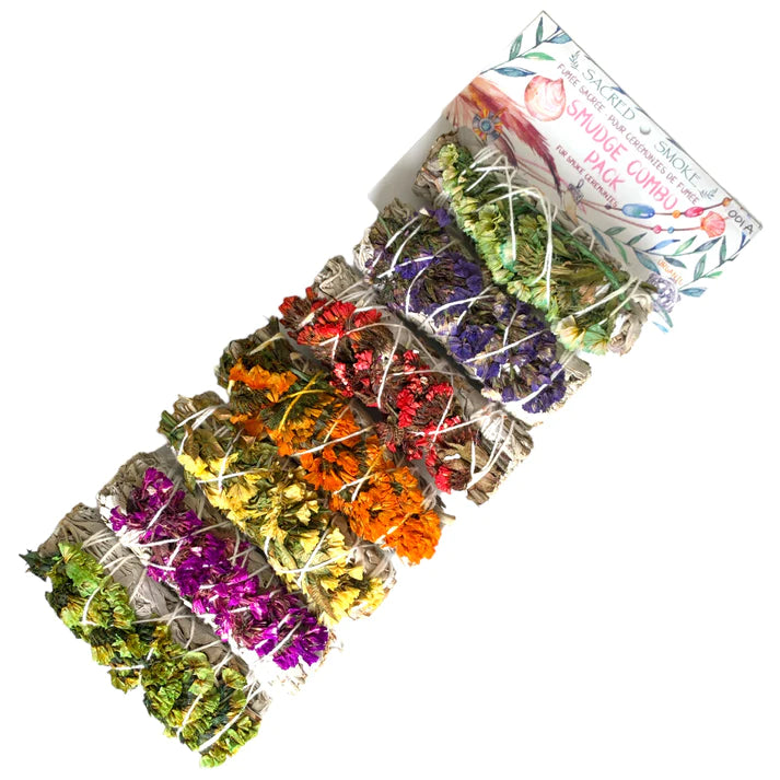 7 White Buffalo Sage Smudge Sticks with Sinuata Flowers - 4 inch Smudge Bundle Wand - NEW1021