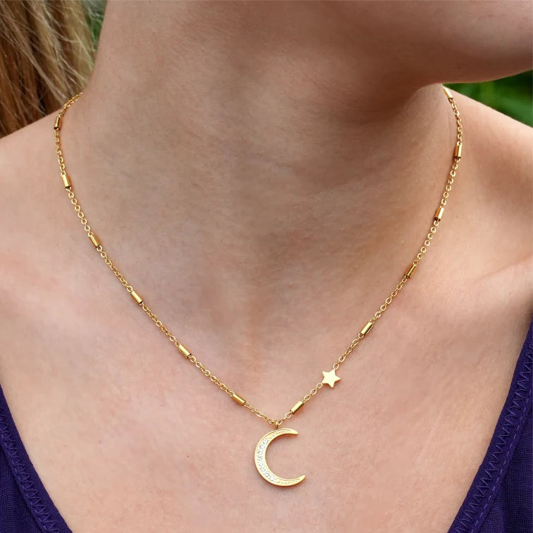 Zirconia Embeded Crescent Moon and Star Almeria Necklace